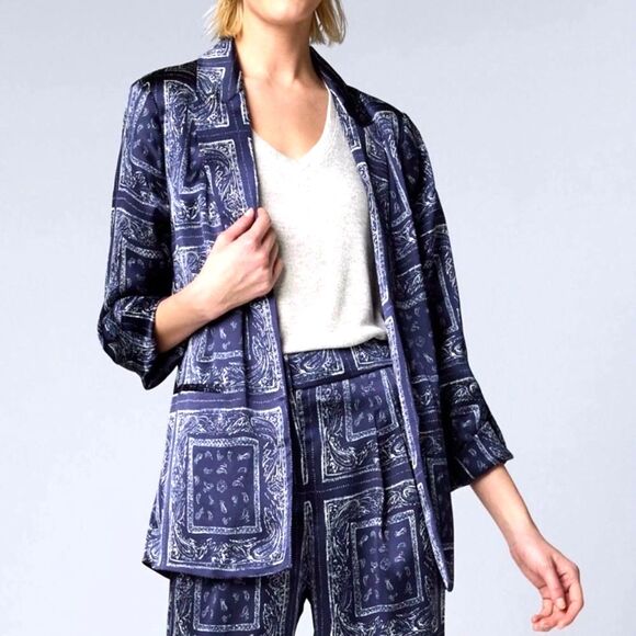 Simply Vera Wang Women's Navy Silky Satin Paisley Bandanna Handkerchief Blazer M - Picture 1 of 10